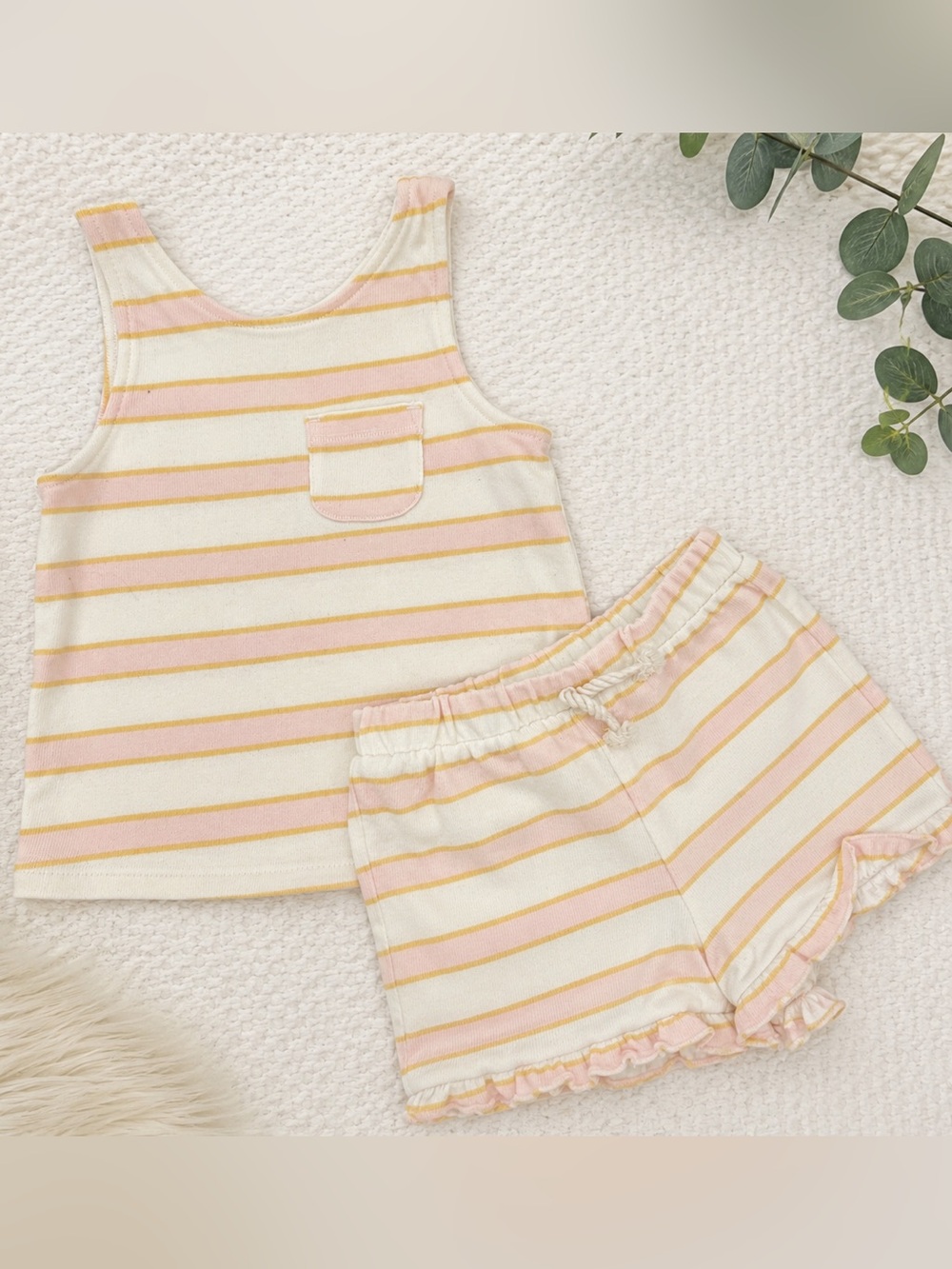 Easy Peasy Girls 2Pc Lounge Set 4T Pink Yellow Stripe Tank & Ruffle Shorts - Picture 2 of 6